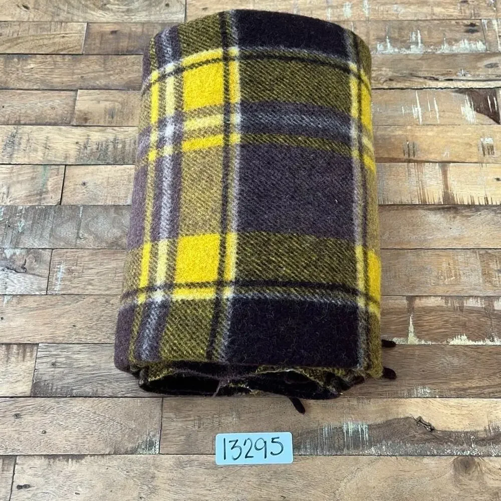 Unbranded Yellow Brown Wool Plaid Checkered Fringe Throw Blanket 46